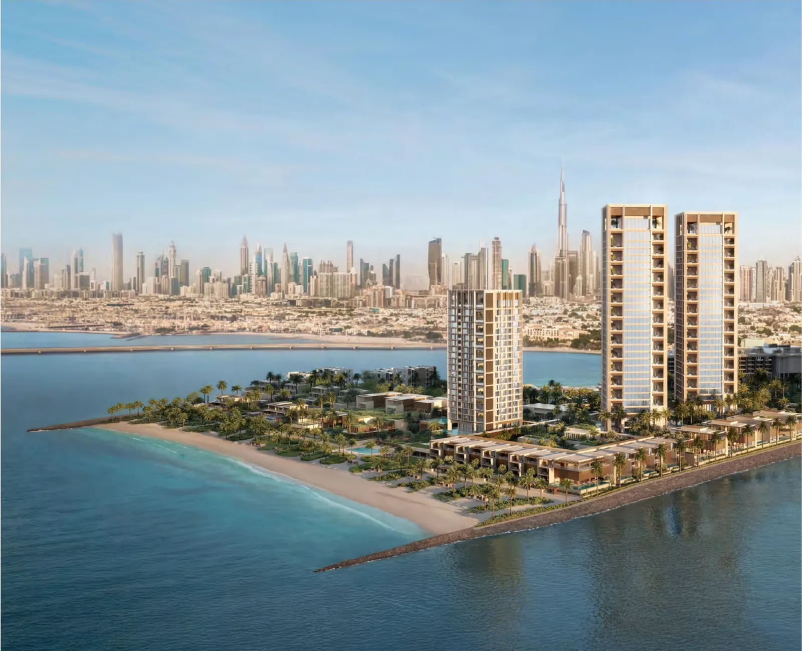 Aerial view of Aman Dubai and the North and South Residence Towers at the tip of Dubai Peninsula, with private beach and gardens