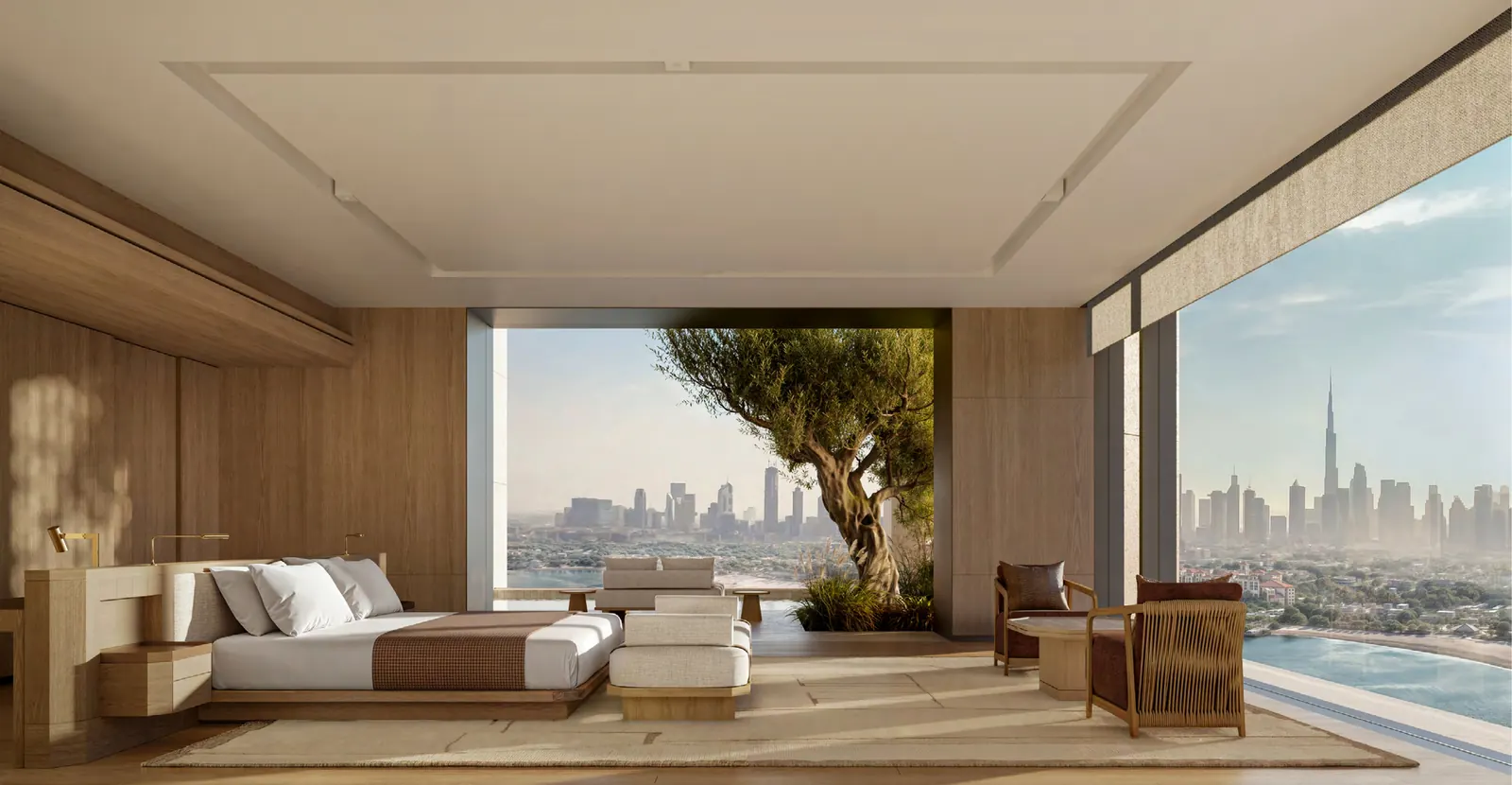 Primary bedroom opening to a terrace with views of Burj Khalifa