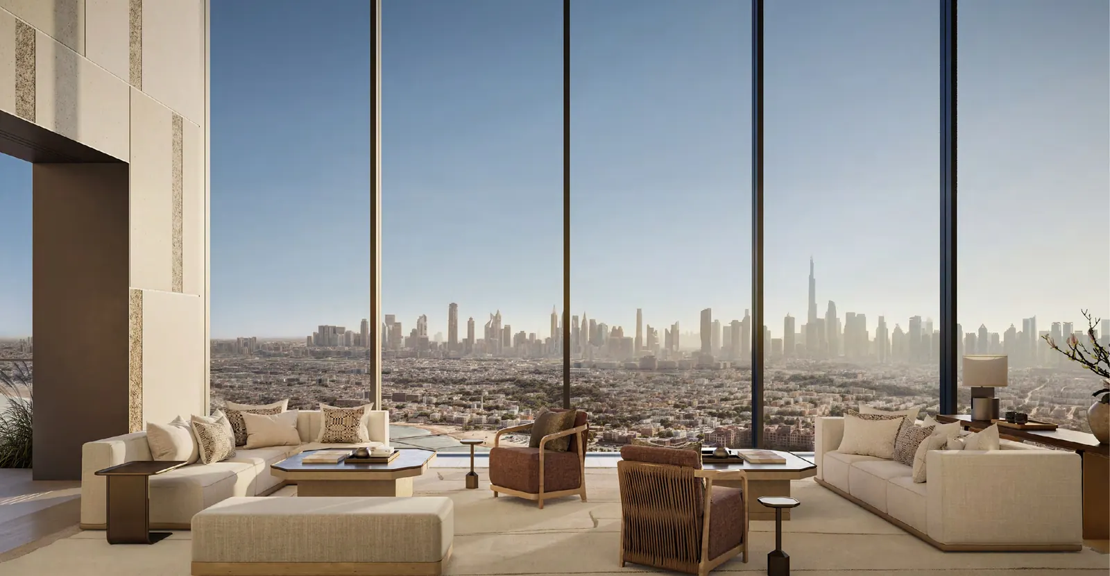 Five-bedroom residence living room by day, with floor-to-ceiling views of the Dubai skyline