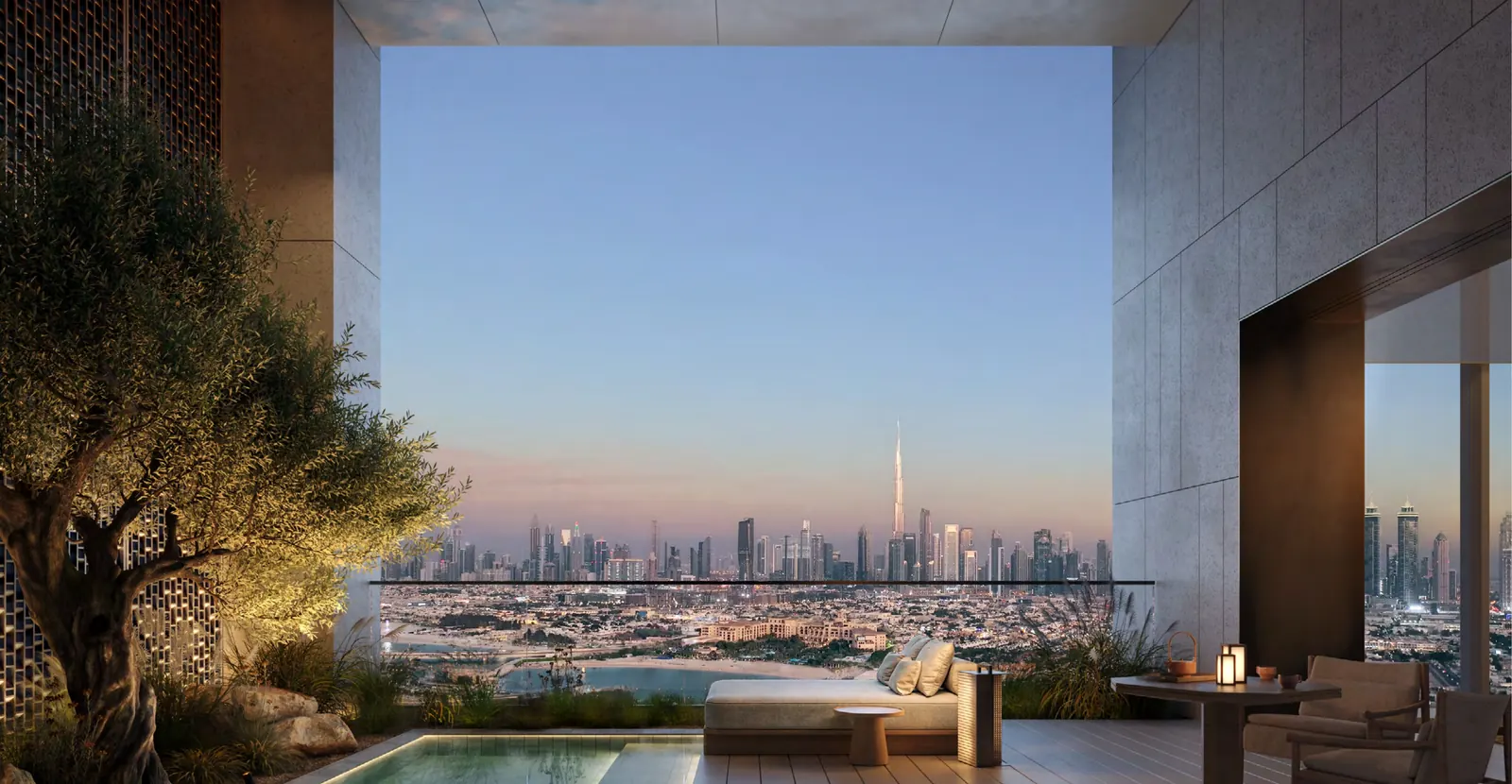 Private terrace and pool at dusk, overlooking the illuminated Dubai skyline
